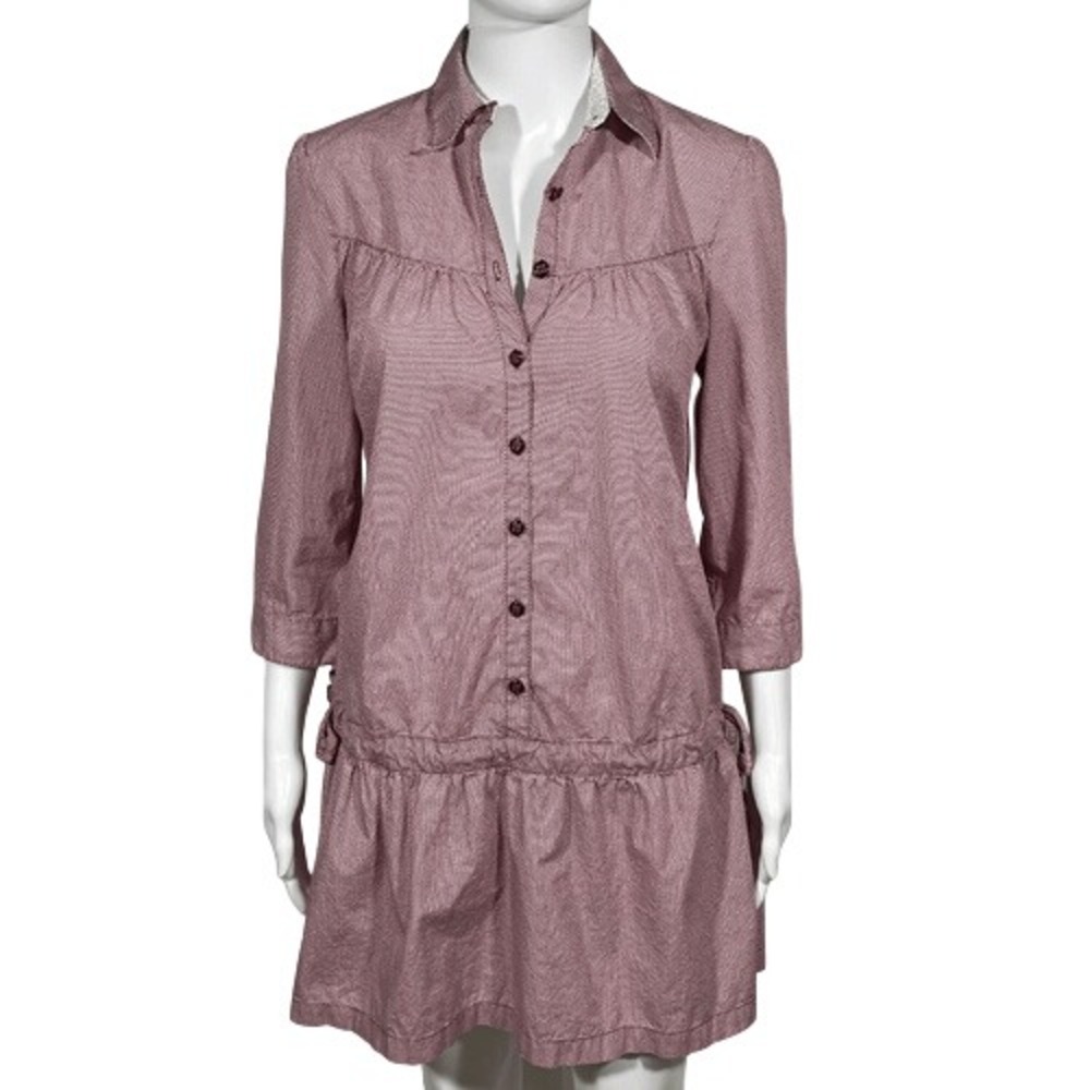 Trovata Polka Dot Dress Burgundy Button Front Cinched Waist Cotton Casual M - Picture 1 of 11